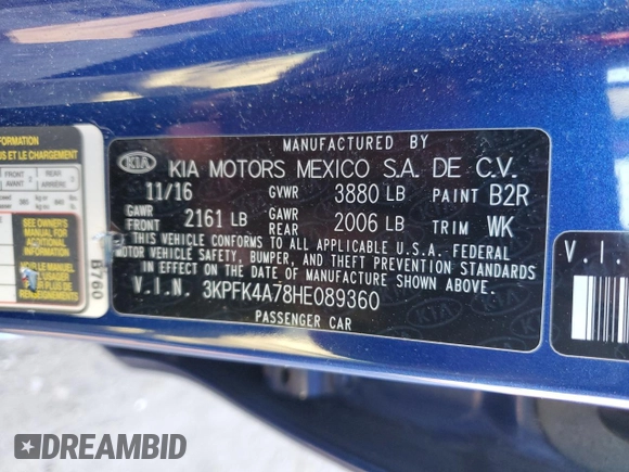 2017 Kia Forte LX with VIN 3KPFK4A78HE089360, listed as a Copart auction lot 52955775 with 162,358 mi miles and Salvage Title. Bid and sale history available at carsss.com. Image 12.