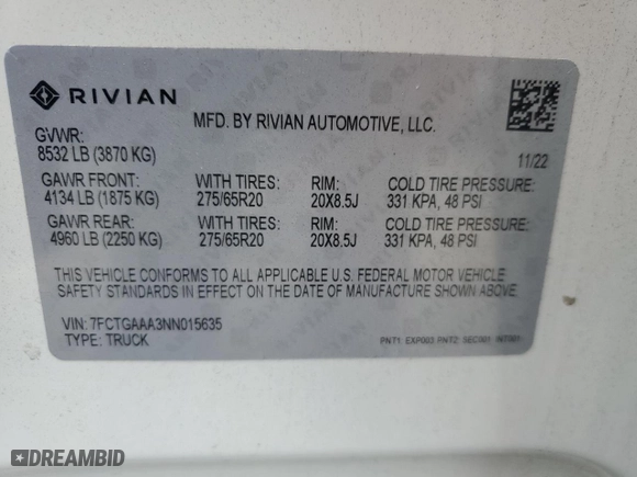 2022 Rivian R1T Adventure Package with VIN 7FCTGAAA3NN015635, listed as a Copart auction lot 62676854 with 10,608 mi miles and Salvage Title. Bid and sale history available at carsss.com. Image 14.