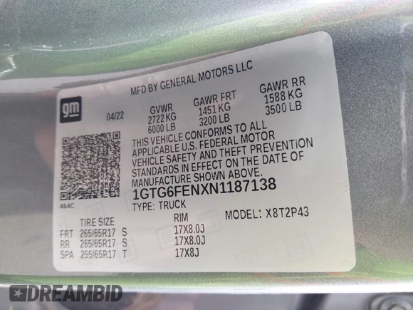 2022 GMC Canyon 4WD AT4 with VIN 1GTG6FENXN1187138, listed as a IAAI auction lot 41504228 with 2,901 mi miles and . Bid and sale history available at DreamBid. Image 9.