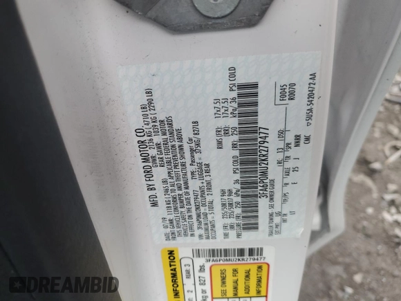 2019 Ford Fusion Hybrid SEL with VIN 3FA6P0MU2KR279477, listed as a Copart auction lot 40099893 with 0 mi miles. Bid and sale history available at carsss.com. Image 12.