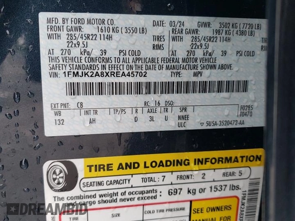 2024 Ford Expedition Max Limited z VIN 1FMJK2A8XREA45702, wystawiony jako Copart lot #61544555 z przebiegiem 17 179 mil mil oraz Szkoda całkowita • Salvage title. Historia ofert i sprzedaży dostępna na DreamBid. Obrazek 13.