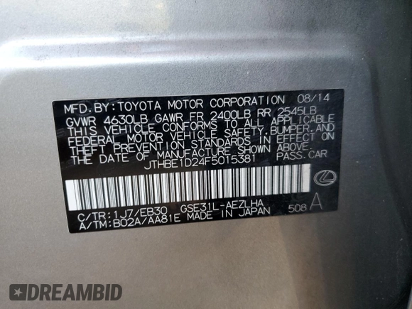 2015 Lexus IS 350 with VIN JTHBE1D24F5015381, listed as a Copart auction lot 86919204 with 62,229 mi miles and Salvage title. Bid and sale history available at DreamBid. Image 12.