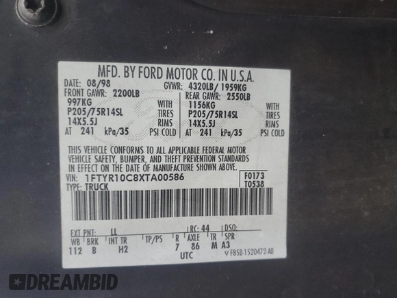 1999 Ford Ranger XL with VIN 1FTYR10C8XTA00586, listed as a Copart auction lot 42546635 with 176,902 mi miles and Salvage title. Bid and sale history available at DreamBid. Image 12.