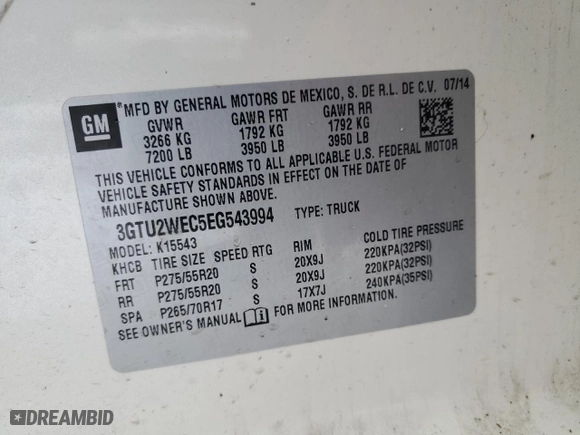 2014 GMC Sierra 1500 Denali with VIN 3GTU2WEC5EG543994, listed as a Copart auction lot 44622675 with 194,075 mi miles and Clean Title. Bid and sale history available at carsss.com. Image 12.