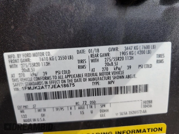 2018 Ford Expedition Max Limited with VIN 1FMJK2AT7JEA18675, listed as a Copart auction lot 62409535 with 121,330 mi miles and Salvage title. Bid and sale history available at DreamBid. Image 14.