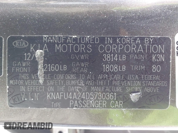 2013 Kia Forte EX with VIN KNAFU4A24D5730361, listed as a IAAI auction lot 41579457 with 89,832 mi miles. Bid and sale history available at carsss.com. Image 9.
