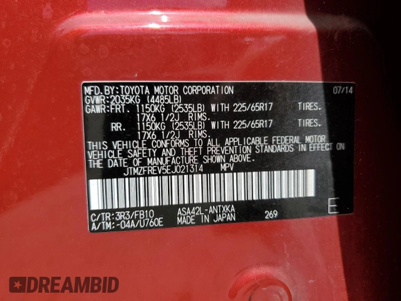 2014 Toyota RAV4 LE with VIN JTMZFREV5EJ021314, listed as a Copart auction lot 61082275 with 164,359 mi miles and Salvage title. Bid and sale history available at DreamBid. Image 13.