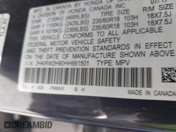 2017 Honda CR-V Touring with VIN 2HKRW2H90HH661501, listed as a IAAI auction lot 41475278 with 1 mi miles. Bid and sale history available at carsss.com. Image 9.