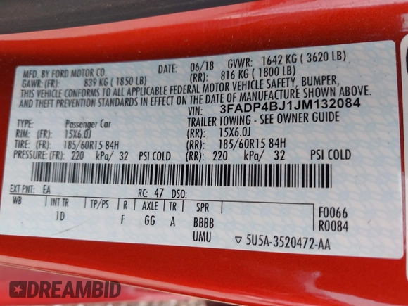 2018 Ford Fiesta SE z VIN 3FADP4BJ1JM132084, wystawiony jako IAAI lot #42296074 z przebiegiem 62 852 mil mil oraz . Historia ofert i sprzedaży dostępna na DreamBid. Obrazek 9.