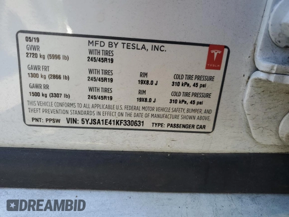 2019 Tesla Model S 100D with VIN 5YJSA1E41KF330631, listed as a Copart auction lot 55360295 with 52,245 mi miles and Salvage title. Bid and sale history available at DreamBid. Image 12.