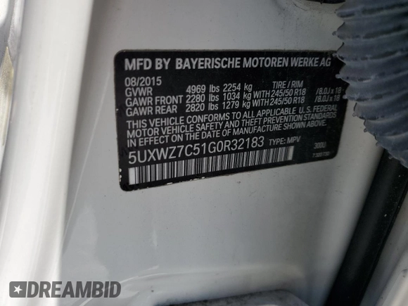 2016 BMW X3 sDrive28i with VIN 5UXWZ7C51G0R32183, listed as a Copart auction lot 53120275 with 110,532 mi miles and Salvage Title. Bid and sale history available at DreamBid. Image 14.