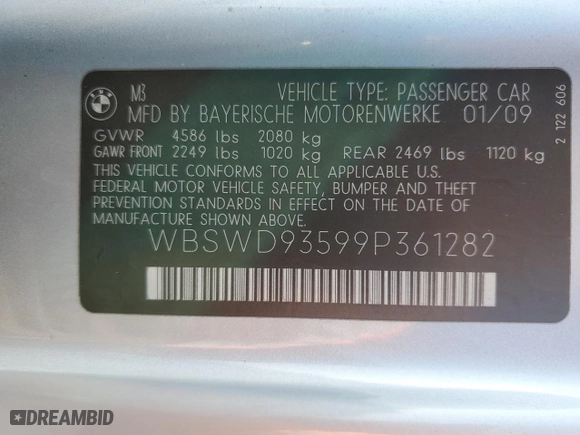 2009 BMW M3 with VIN WBSWD93599P361282, listed as a Copart auction lot 75952754 with 116,962 mi miles and Salvage Title. Bid and sale history available at carsss.com. Image 14.