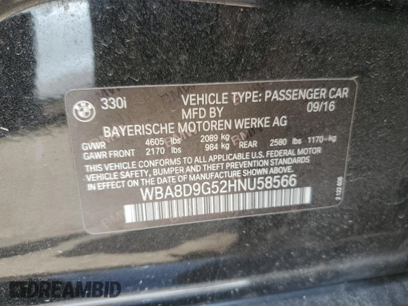 2017 BMW 3 Series 330i xDrive with VIN WBA8D9G52HNU58566, listed as a Copart auction lot 55513105 with Not provided miles and Salvage title. Bid and sale history available at DreamBid. Image 12.