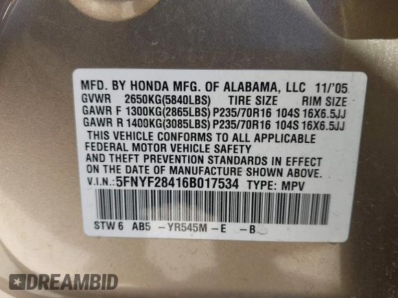 2006 Honda Pilot EX with VIN 5FNYF28416B017534, listed as a IAAI auction lot 41656789 with 241,343 mi miles and . Bid and sale history available at DreamBid. Image 9.