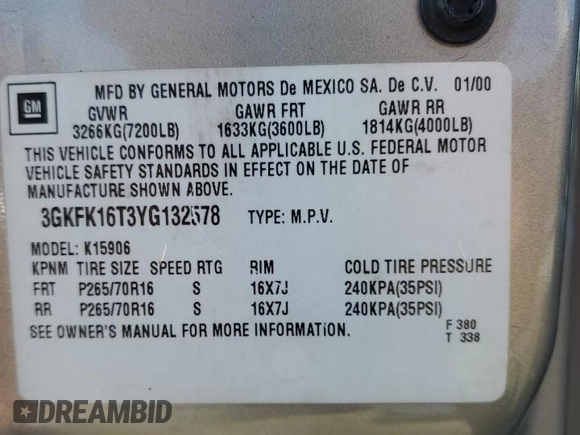 2000 GMC Yukon XL SLT with VIN 3GKFK16T3YG132578, listed as a Copart auction lot 43874005 with 178,895 mi miles and Salvage Title. Bid and sale history available at carsss.com. Image 13.