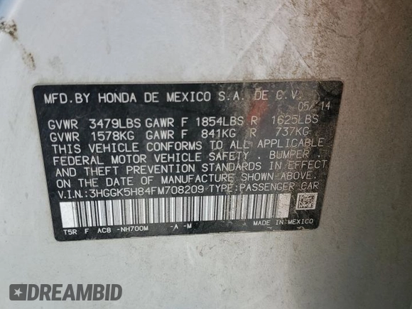 2015 Honda Fit EX-L with VIN 3HGGK5H84FM708209, listed as a Copart auction lot 59337085 with 130,355 mi miles and Salvage title. Bid and sale history available at DreamBid. Image 13.