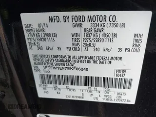2014 Ford F-150 XL with VIN 1FTFW1EF7EKF06240, listed as a IAAI auction lot 41706013 with 201,747 mi miles. Bid and sale history available at carsss.com. Image 9.