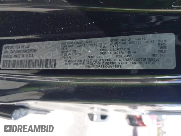 2024 Jeep Wrangler Sport S with VIN 1C4PJXDG7RW325735, listed as a IAAI auction lot 41309348 with 3,577 mi miles and . Bid and sale history available at DreamBid. Image 9.