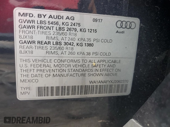 2018 Audi Q5 Premium z VIN WA1ANAFYXJ2062370, wystawiony jako Copart lot #56679315 z przebiegiem 90 514 mil mil oraz Szkoda całkowita • Salvage title. Historia ofert i sprzedaży dostępna na DreamBid. Obrazek 13.