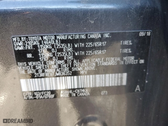 2018 Toyota RAV4 XLE with VIN 2T3RFREV7JW836352, listed as a Copart auction lot 81464644 with 58,738 mi miles and Salvage Title. Bid and sale history available at carsss.com. Image 13.
