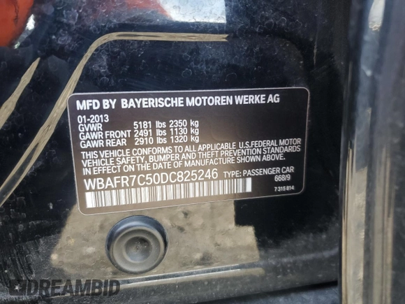 2013 BMW 5 Series 535i with VIN WBAFR7C50DC825246, listed as a Copart auction lot 48802175 with 112,296 mi miles and Salvage Title. Bid and sale history available at DreamBid. Image 12.