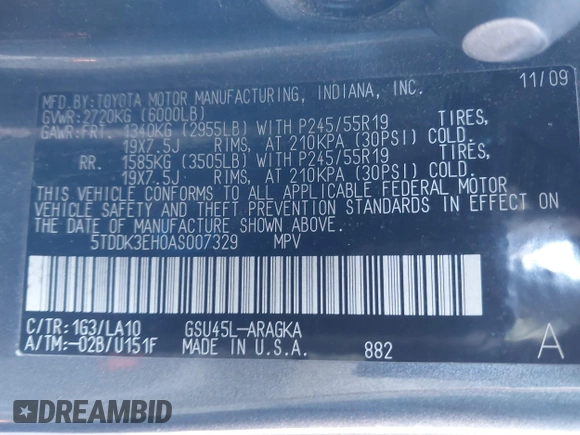 2010 Toyota Highlander Limited with VIN 5TDDK3EH0AS007329, listed as a IAAI auction lot 42314732 with 188,744 mi miles and . Bid and sale history available at DreamBid. Image 9.