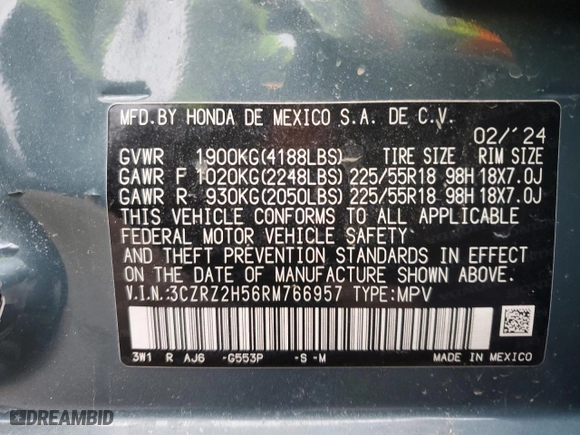 2024 Honda HR-V Sport with VIN 3CZRZ2H56RM766957, listed as a Copart auction lot 50312935 with 3,977 mi miles and Salvage Title. Bid and sale history available at carsss.com. Image 13.