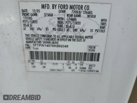 2006 Ford F-150 XLT with VIN 1FTPW14576KB92345, listed as a Copart auction lot 50378855 with 276,026 mi miles and Clean Title. Bid and sale history available at carsss.com. Image 12.