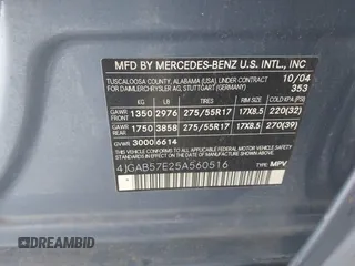 2005 Mercedes-Benz M 3.7L with VIN 4JGAB57E25A560516, listed as a IAAI auction lot 41898369 with 125,927 mi miles. Bid and sale history available at carsss.com. Image 9.
