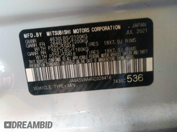2022 Mitsubishi Eclipse Cross LE z VIN JA4ASVAA4NZ028416, wystawiony jako IAAI lot #41247694 z przebiegiem 48 247 mil mil oraz . Historia ofert i sprzedaży dostępna na DreamBid. Obrazek 9.