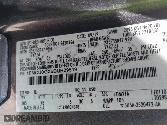 2013 Ford Escape SE with VIN 1FMCU0GX6DUB29519, listed as a IAAI auction lot 42281464 with 129,671 mi miles and . Bid and sale history available at DreamBid. Image 9.