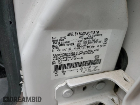 2012 Ford F-350 XL with VIN 1FT8W3BT8CEC48966, listed as a Copart auction lot 59481525 with 181,923 mi miles and Salvage title. Bid and sale history available at DreamBid. Image 12.