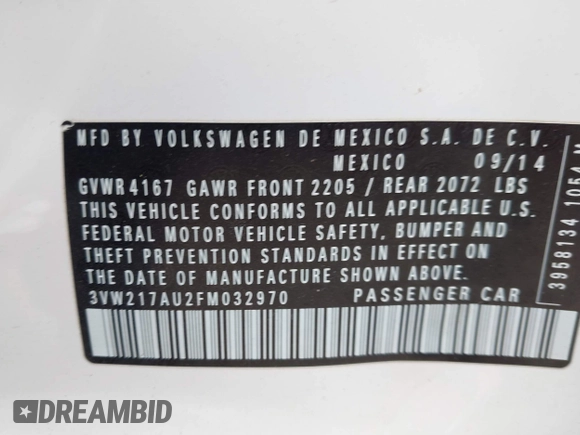 2015 Volkswagen Golf TSI S с VIN 3VW217AU2FM032970, выставлен на аукционе IAAI как лот 42288686 с пробегом 83 357 миль миль и . История ставок и продаж доступна на DreamBid. Изображение 9.