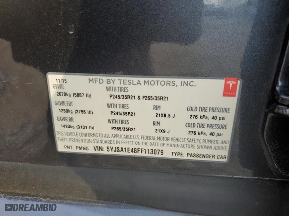 2015 Tesla Model S 85D with VIN 5YJSA1E48FF113079, listed as a Copart auction lot 45106845 with 75573 miles and Salvage Title. Bid and sale history available at carsss.com. Image 13.