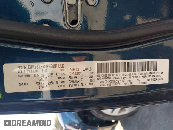 2013 Dodge Journey American Value with VIN 3C4PDCAB5DT671788, listed as a IAAI auction lot 42053985 with 128,074 mi miles and . Bid and sale history available at DreamBid. Image 9.