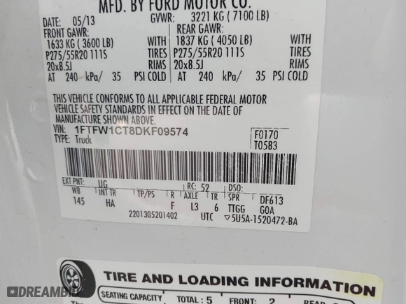 2013 Ford F-150 XL with VIN 1FTFW1CT8DKF09574, listed as a IAAI auction lot 41250642 with 233,935 mi miles. Bid and sale history available at carsss.com. Image 9.