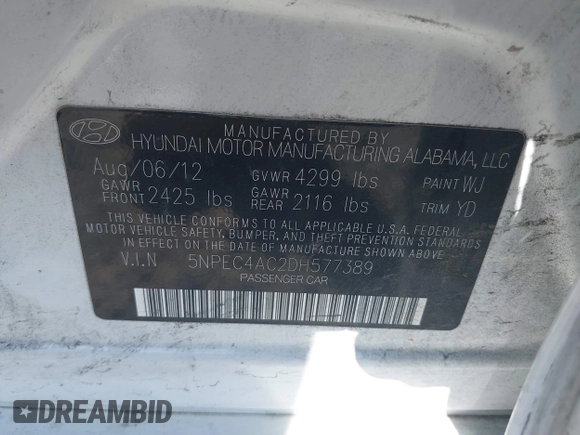 2013 Hyundai Sonata Limited with VIN 5NPEC4AC2DH577389, listed as a IAAI auction lot 42144592 with 145,327 mi miles and . Bid and sale history available at carsss.com. Image 9.