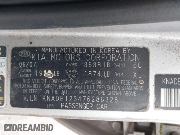 2007 Kia Rio LX with VIN KNADE123476286326, listed as a IAAI auction lot 42106275 with 183,042 mi miles. Bid and sale history available at carsss.com. Image 9.