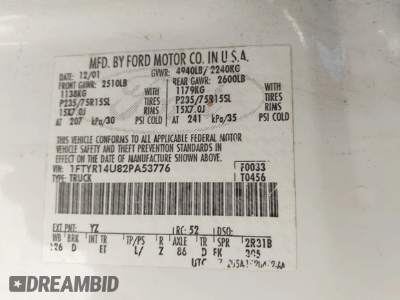 2002 Ford Ranger XL with VIN 1FTYR14U82PA53776, listed as a IAAI auction lot 41968782 with Not Provided miles and . Bid and sale history available at carsss.com. Image 9.