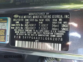 2020 Kia Sorento L with VIN 5XYPG4A31LG662078, listed as a IAAI auction lot 41537124 with 65,976 mi miles. Bid and sale history available at carsss.com. Image 9.