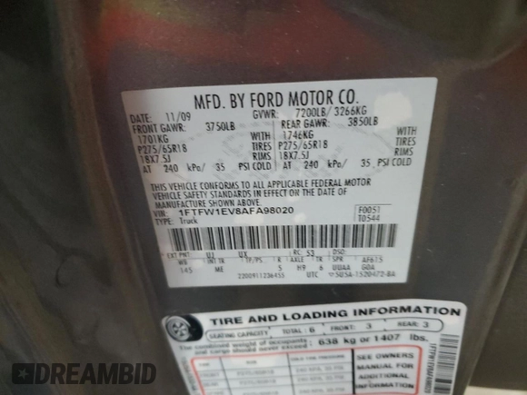 2010 Ford F-150 XL with VIN 1FTFW1EV8AFA98020, listed as a Copart auction lot 46349145 with 197,102 mi miles and Salvage Title. Bid and sale history available at carsss.com. Image 12.