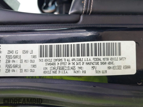 2014 Jeep Grand Cherokee Limited with VIN 1C4RJFBG8EC151465, listed as a IAAI auction lot 42561814 with 159,789 mi miles and . Bid and sale history available at DreamBid. Image 9.