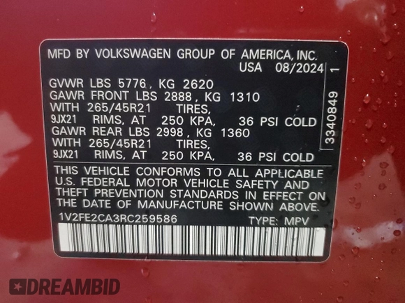 2024 Volkswagen Atlas SEL Premium R-Line with VIN 1V2FE2CA3RC259586, listed as a Copart auction lot 88070355 with 443 mi miles and Salvage title. Bid and sale history available at DreamBid. Image 13.