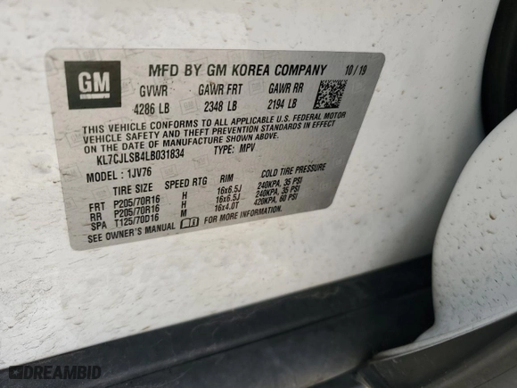 2020 Chevrolet Trax LT with VIN KL7CJLSB4LB031834, listed as a Copart auction lot 58144404 with 54,179 mi miles and Salvage Title. Bid and sale history available at carsss.com. Image 13.