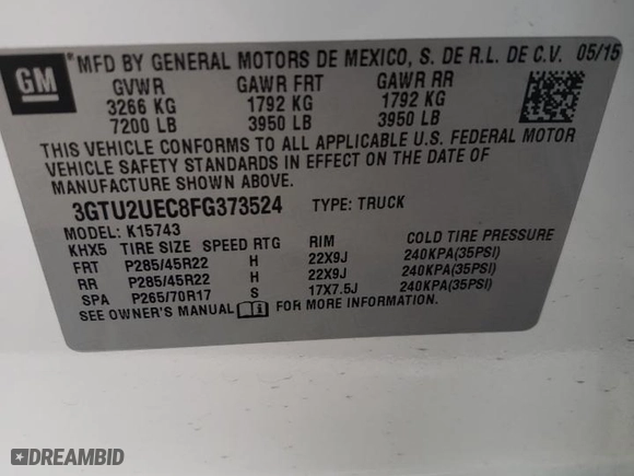 2015 GMC Sierra 1500 SLE with VIN 3GTU2UEC8FG373524, listed as a Copart auction lot 82873724 with 0 mi miles and Clean Title. Bid and sale history available at carsss.com. Image 14.