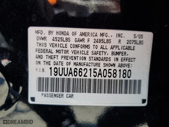 2005 Acura TL with VIN 19UUA66215A058180, listed as a Copart auction lot 52783085 with 43,976 mi miles and Salvage Title. Bid and sale history available at carsss.com. Image 14.