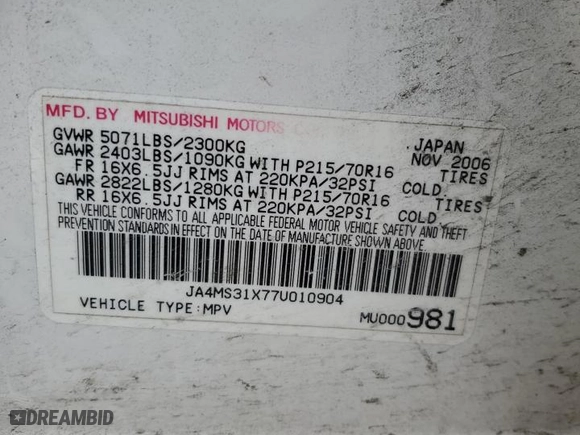 2007 Mitsubishi Outlander ES with VIN JA4MS31X77U010904, listed as a Copart auction lot 48112985 with 149,620 mi miles and Salvage Title. Bid and sale history available at carsss.com. Image 14.