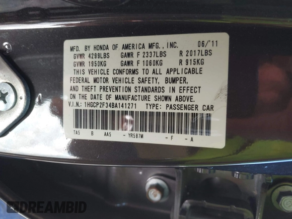 2011 Honda Accord LX with VIN 1HGCP2F34BA141271, listed as a IAAI auction lot 41031454 with 157,981 mi miles and . Bid and sale history available at DreamBid. Image 9.