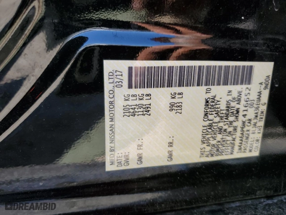 2017 Nissan Maxima SR with VIN 1N4AA6AP6HC416652, listed as a Copart auction lot 48131995 with 52,280 mi miles and Salvage Title. Bid and sale history available at carsss.com. Image 12.