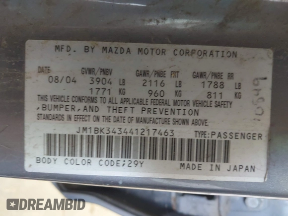 2004 Mazda 3 s with VIN JM1BK343441217463, listed as a IAAI auction lot 41957324 with 219,311 mi miles and . Bid and sale history available at DreamBid. Image 9.